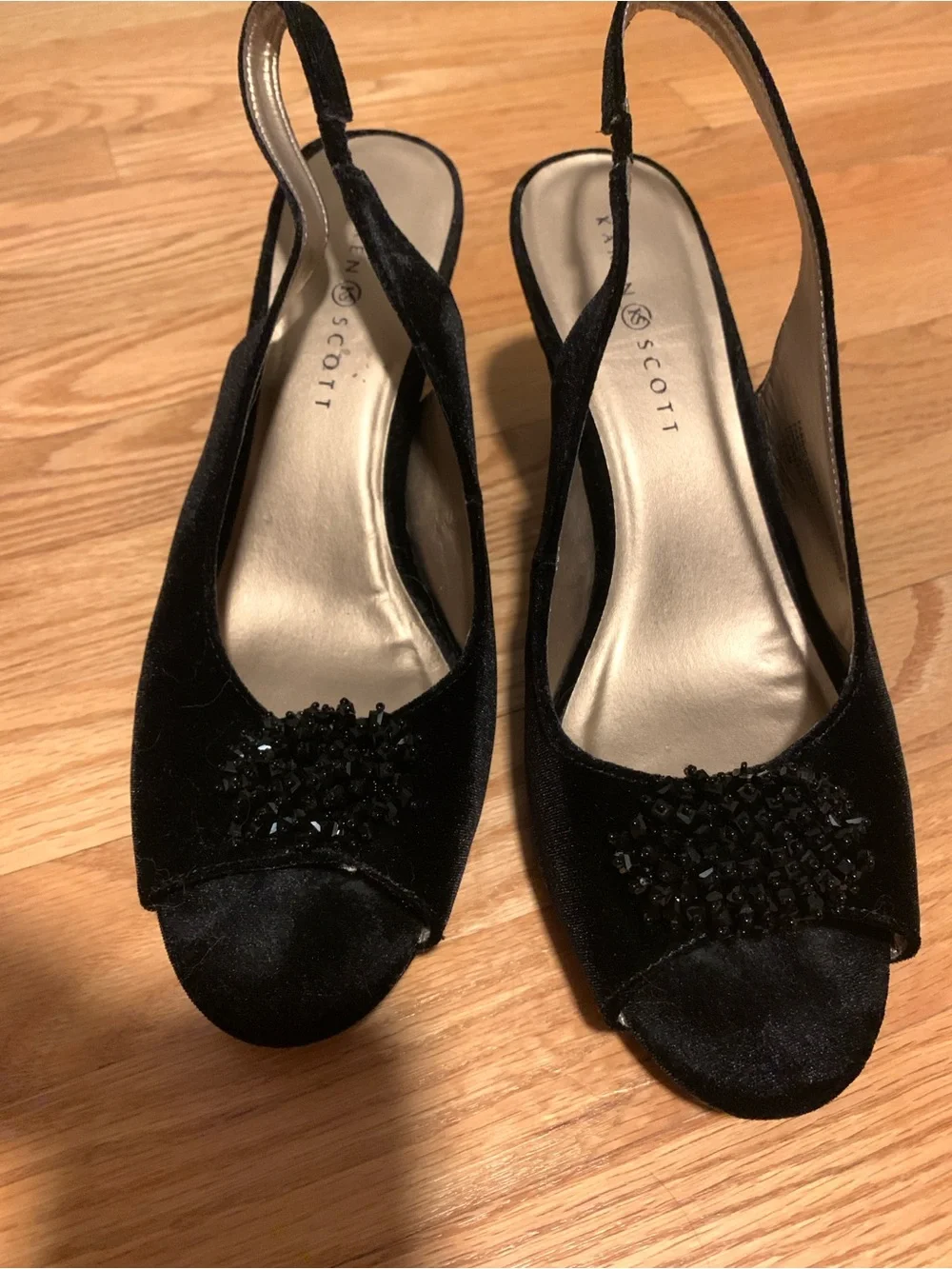 Karen Scott Black Velvet Slingback Peep-Toe Heels with Beaded Cluster